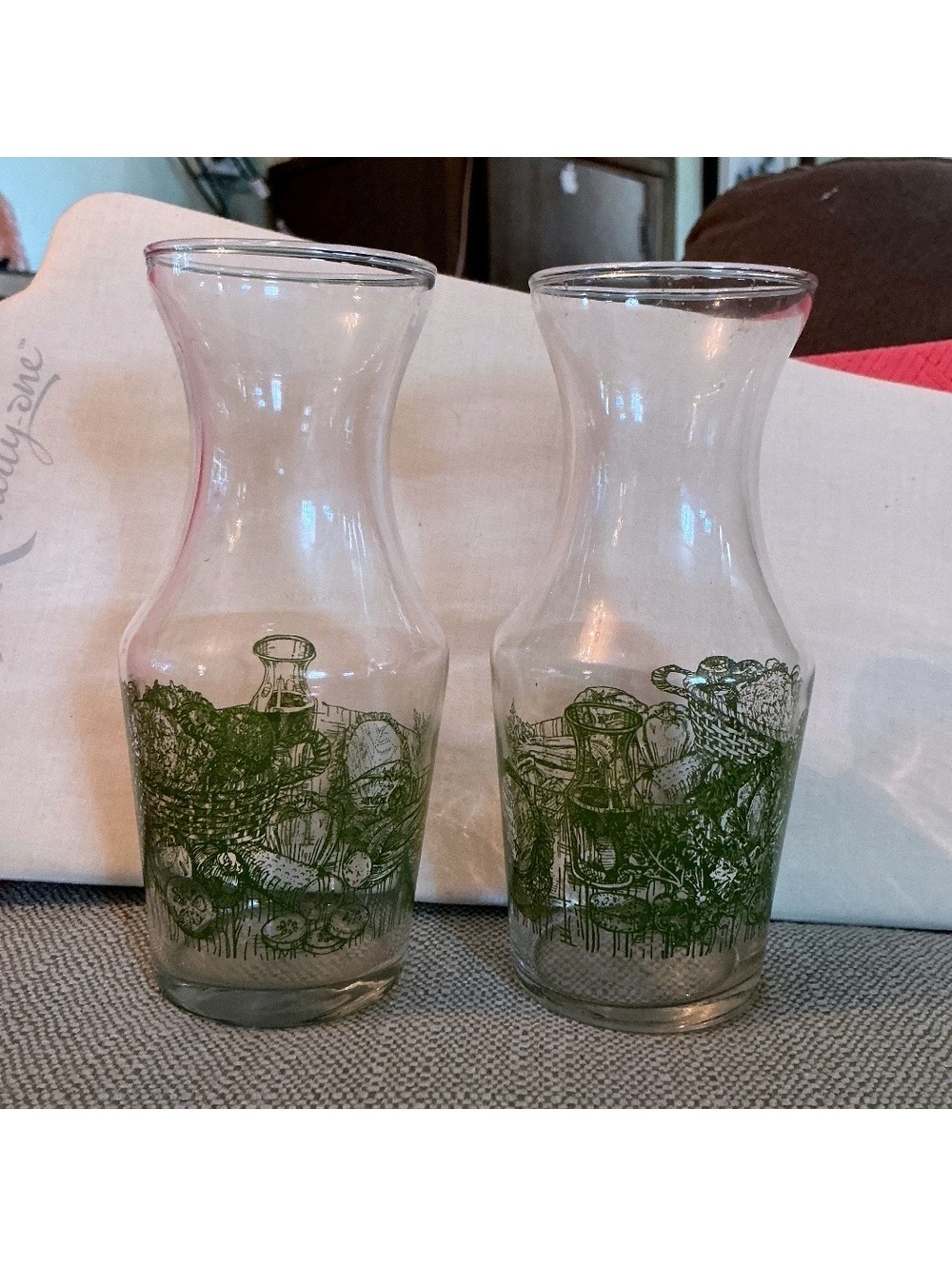 Vintage Pair of Decorative Glass Carafes with Green Fruit and Vegetable Design
